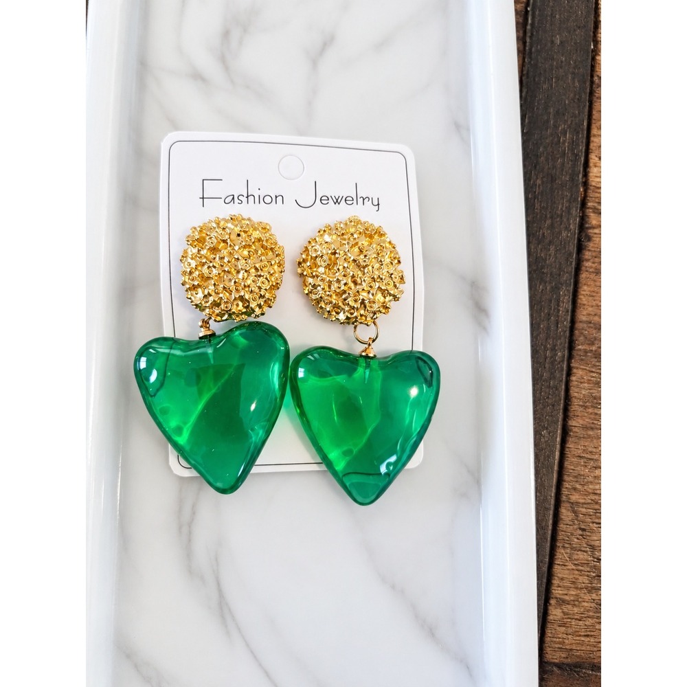 Green Heart Drop Earrings Gold Textured Floral Studs Statement Jewelry